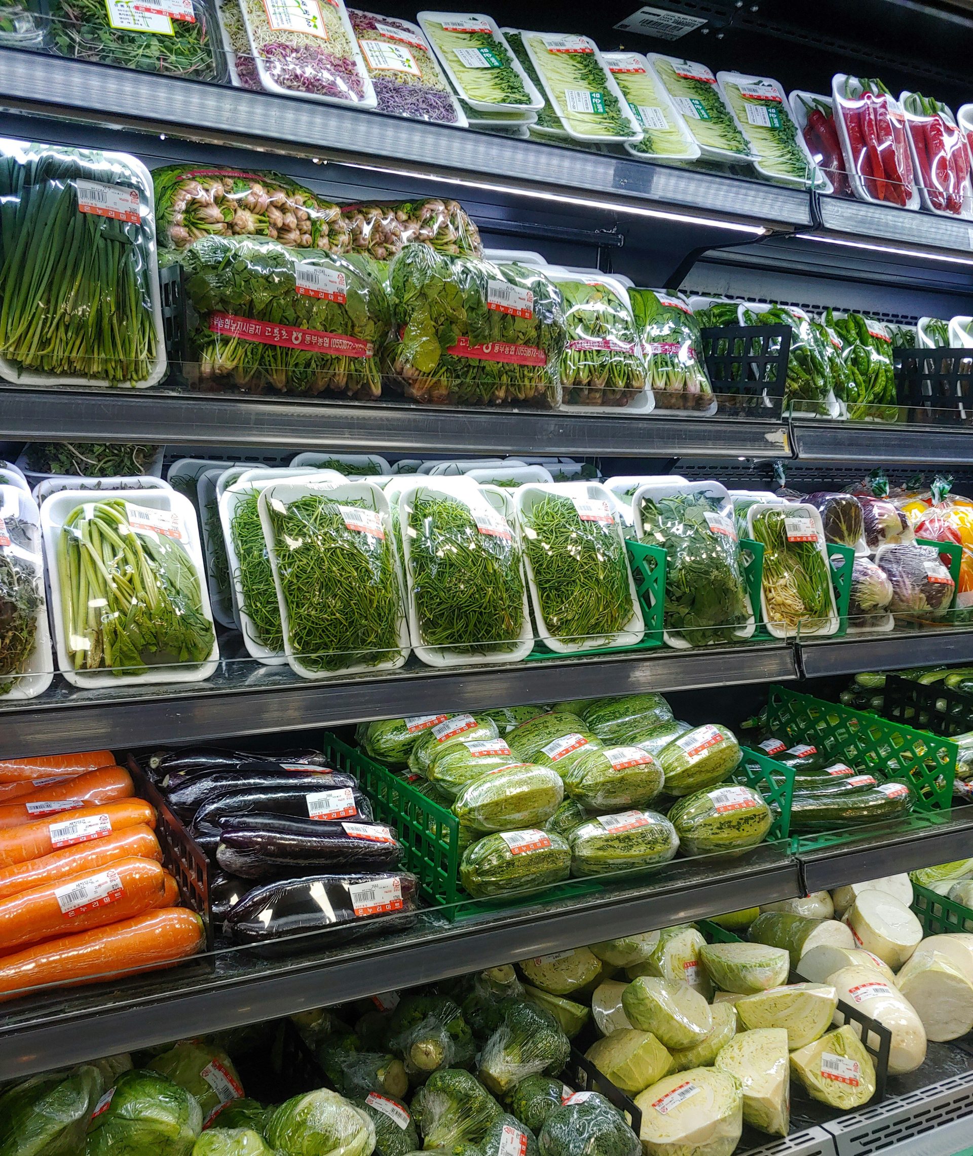 Verduras verdes y blancas en recipientes de plástico transparente.